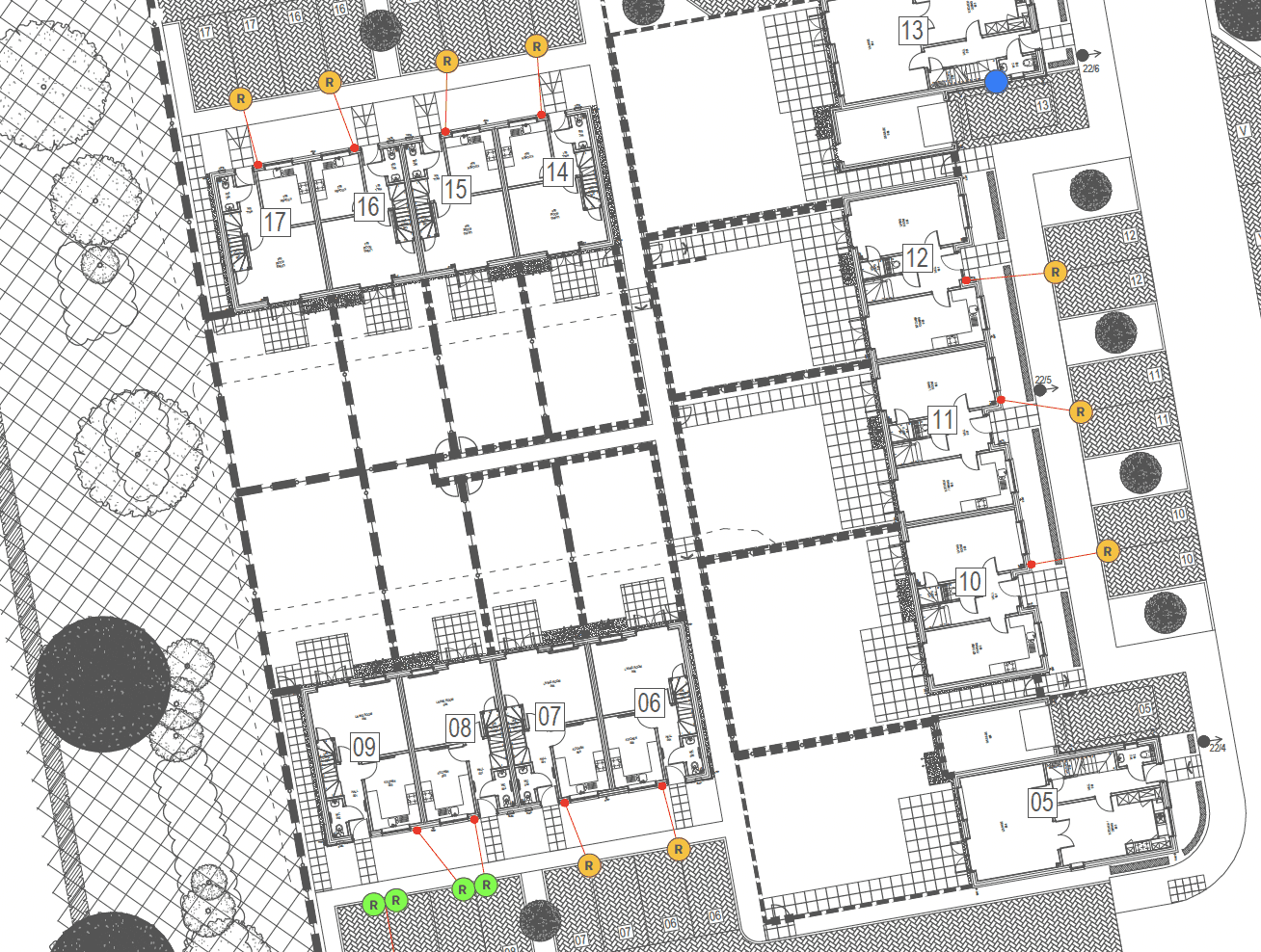 A charger layout drawn over the plot boundaries of a new-build site