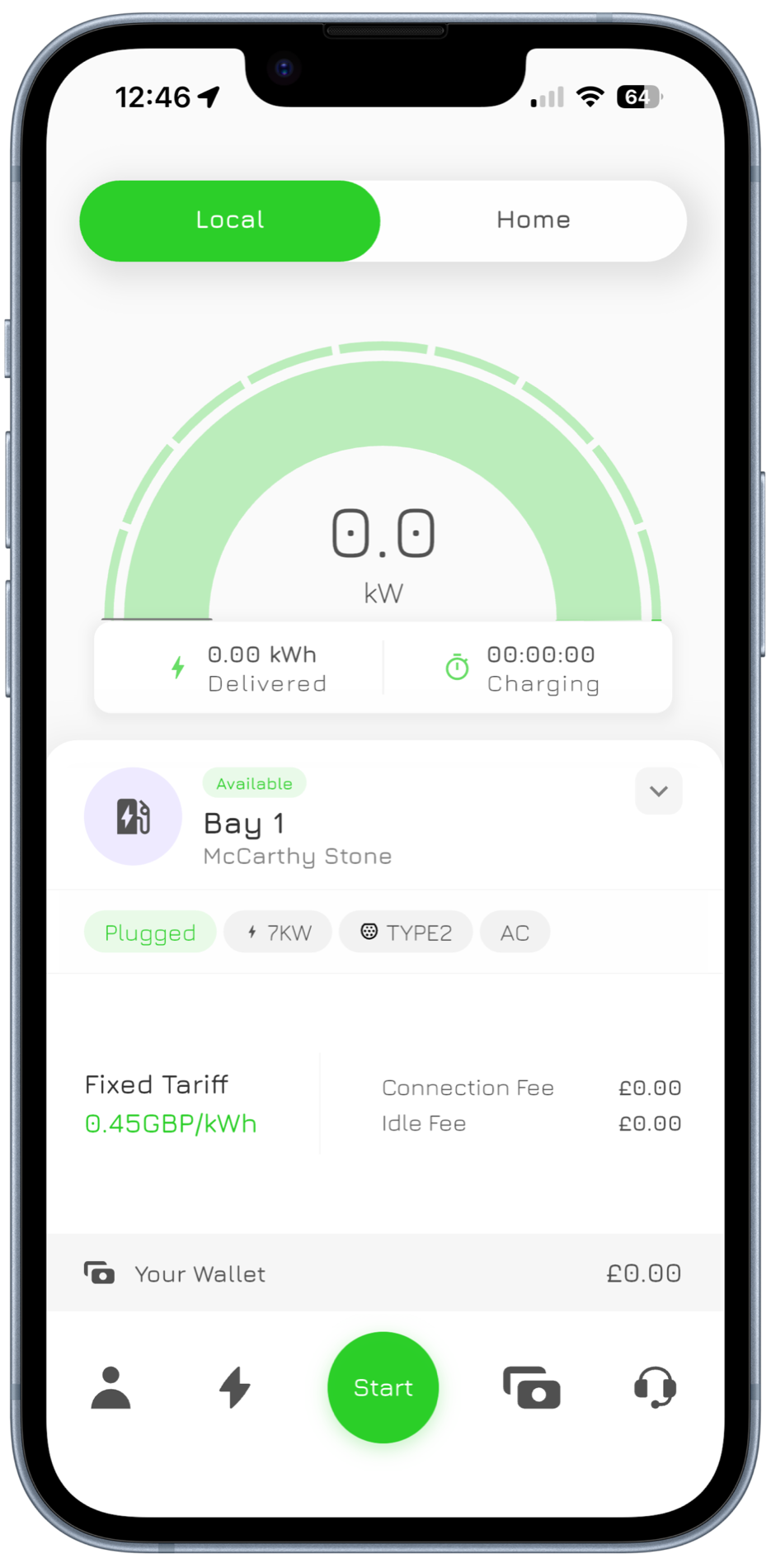 MyBrim charging screen showing live power delivery, bay details and tariff