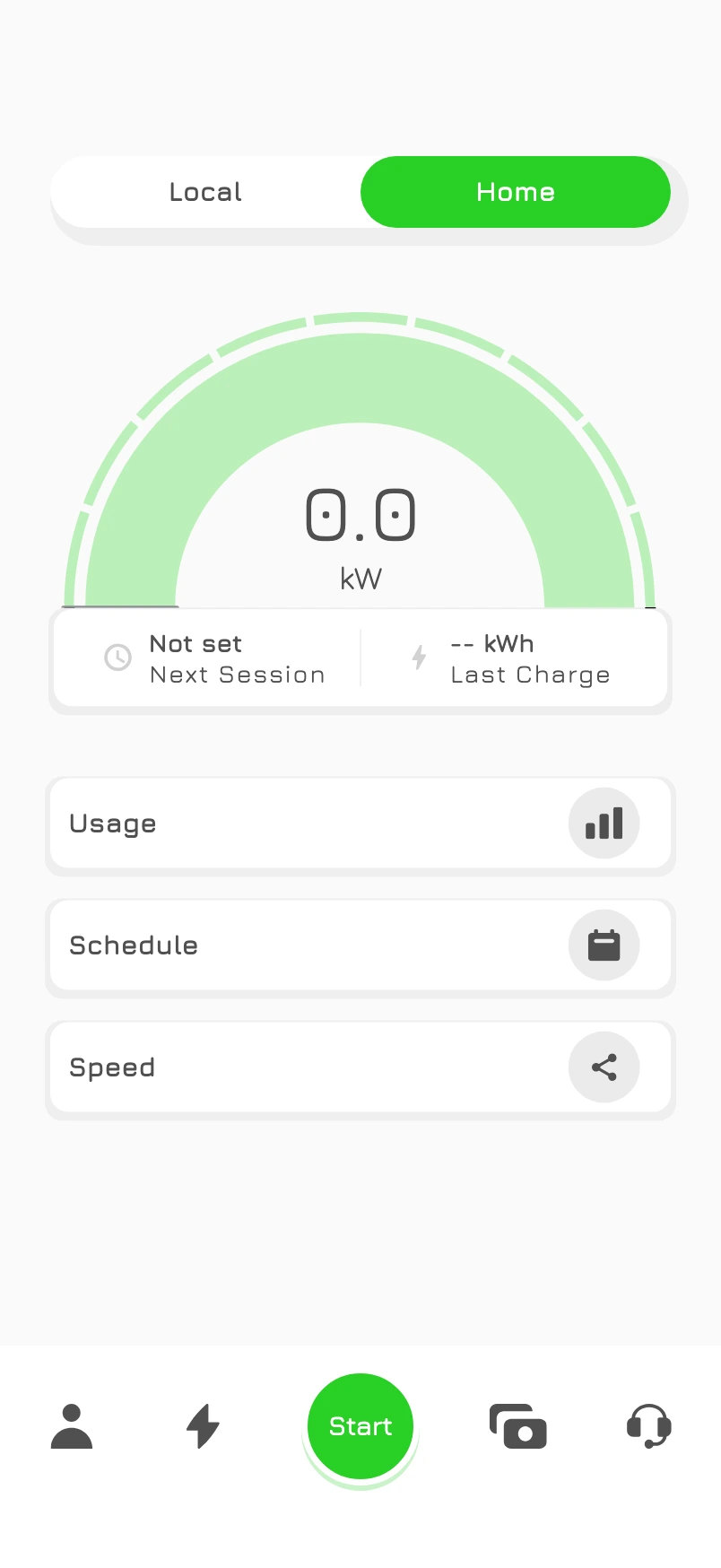 MyBrim Home screen with the Home tab selected, charger controls and charging schedule