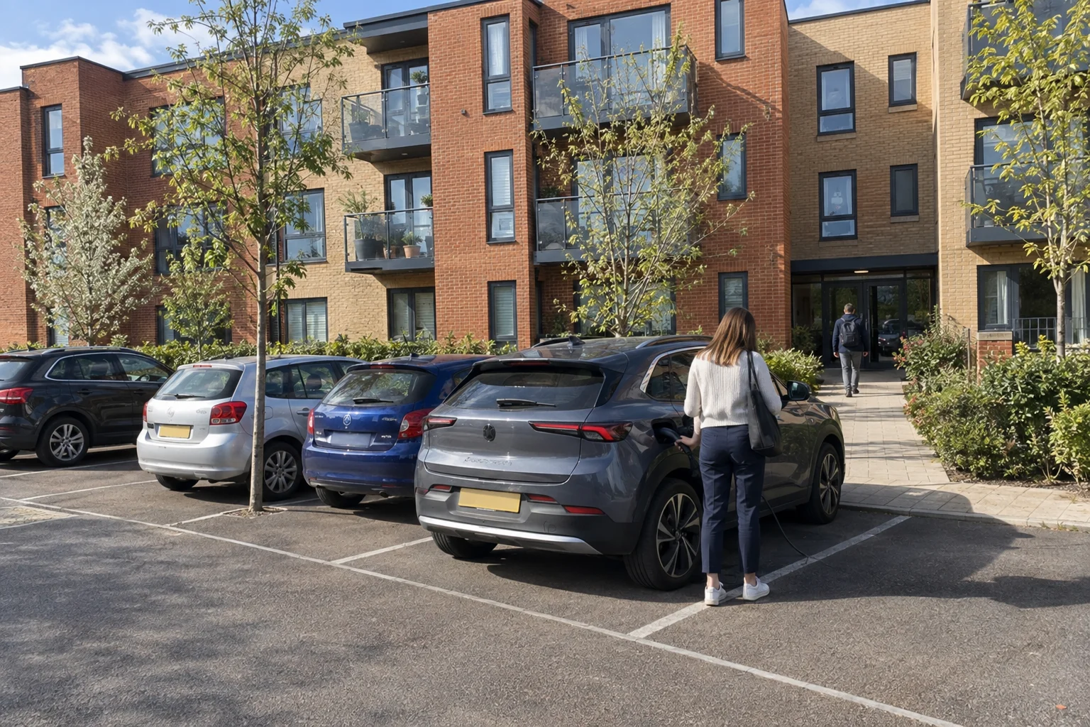 A driver charging in a shared car park outside a modern residential development