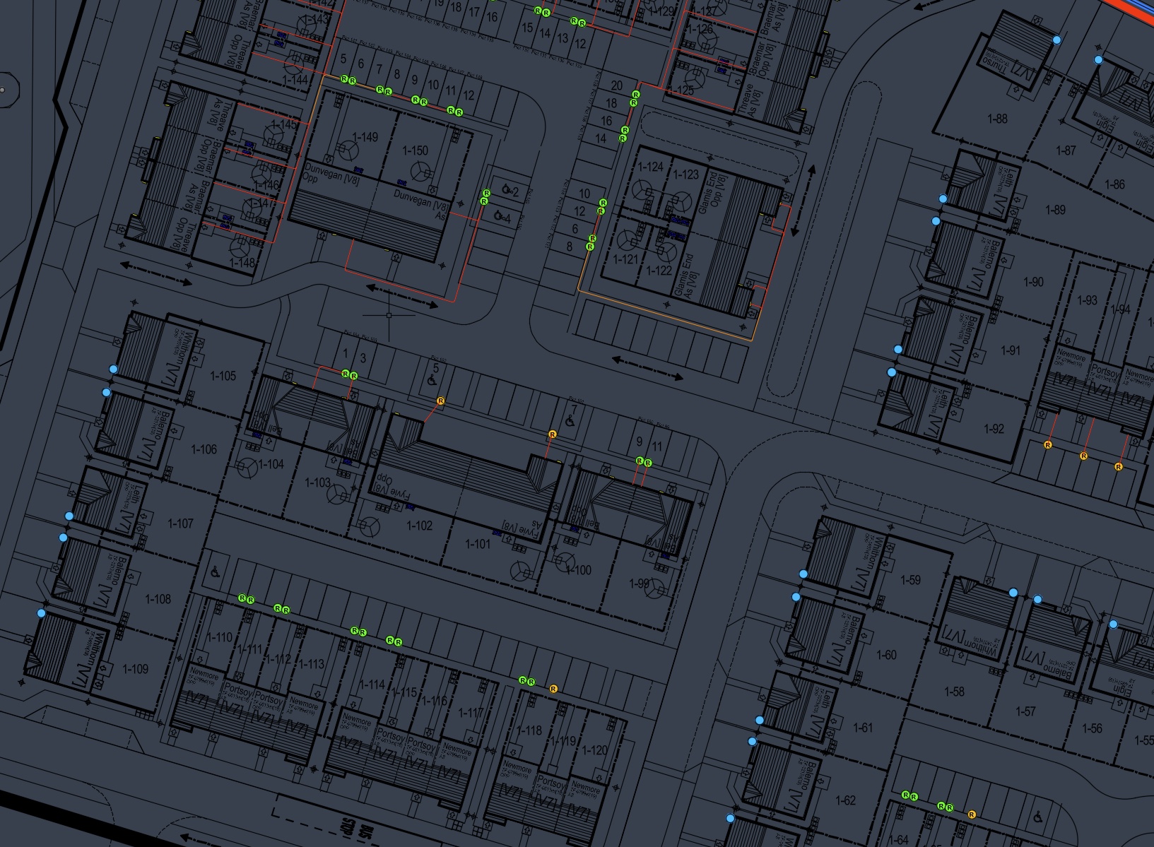 A Brim charger layout drawn in CAD: charger positions and ducting routes marked on every plot of a development