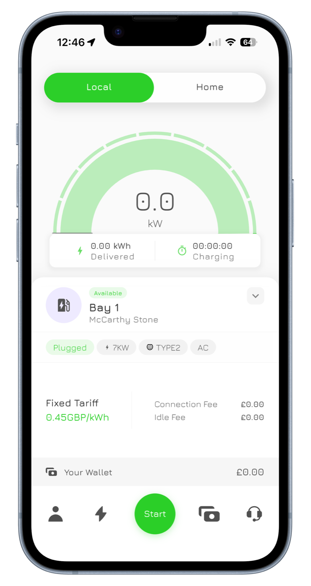 MyBrim charging screen showing live power delivery, bay details and tariff
