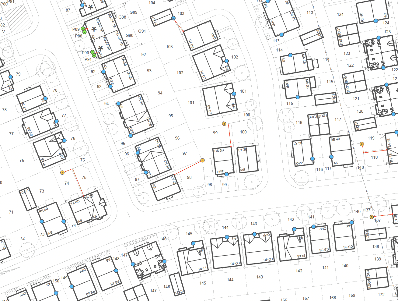 A charger layout for a development with remote parking bays